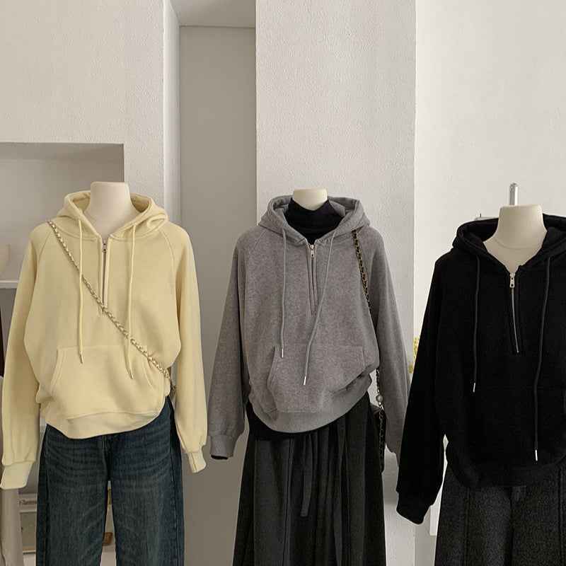 Omalai Half-Zip Hooded Pullover Sweatshirt Women Loose Thick Fleece Long Sleeve Solid Color Top Real Shot eprolo