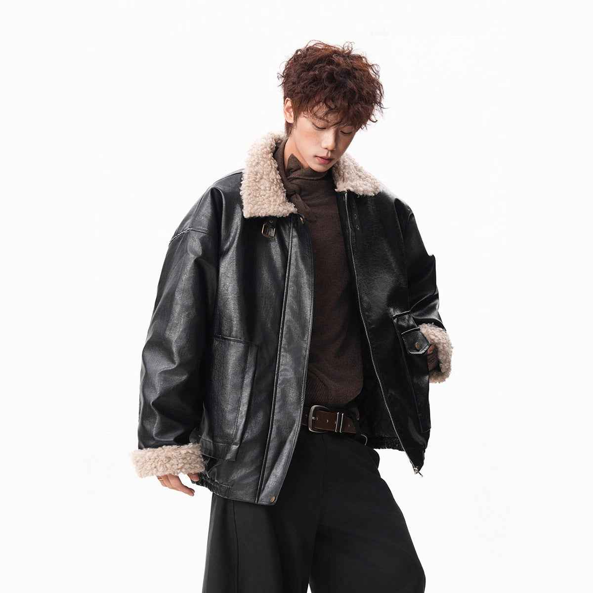 Shearling Motorcycle Jacket with Turn-down Collar For Men | MuddyStock Originals MuddyStock