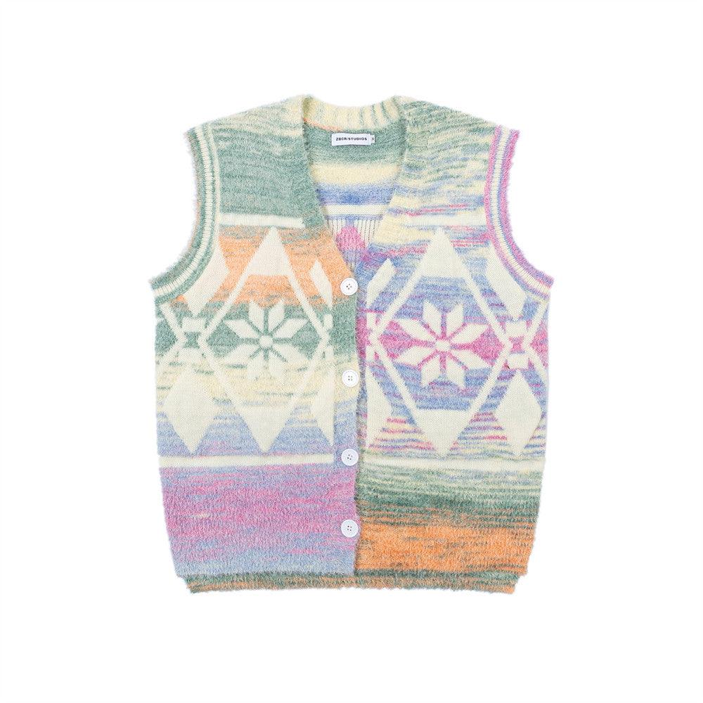 Colorful jacquard pattern V-neck cardigan sweater for women | MuddyStock Originals Green Blue