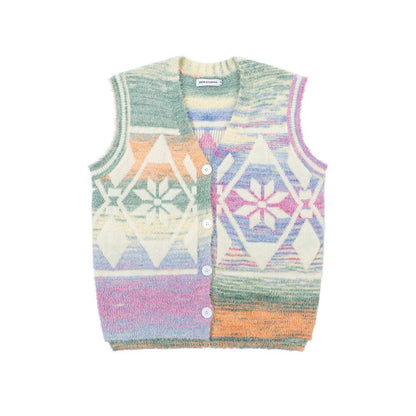 Colorful jacquard pattern V-neck cardigan sweater for women | MuddyStock Originals Green Blue