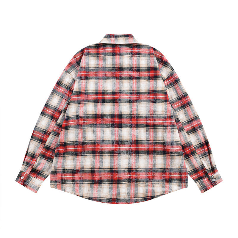 Men's Vintage Dark Portrait Plaid Long Sleeve Shirt Casual Loose Streetwear Style