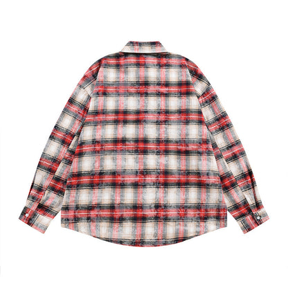 Men's Vintage Dark Portrait Plaid Long Sleeve Shirt Casual Loose Streetwear Style