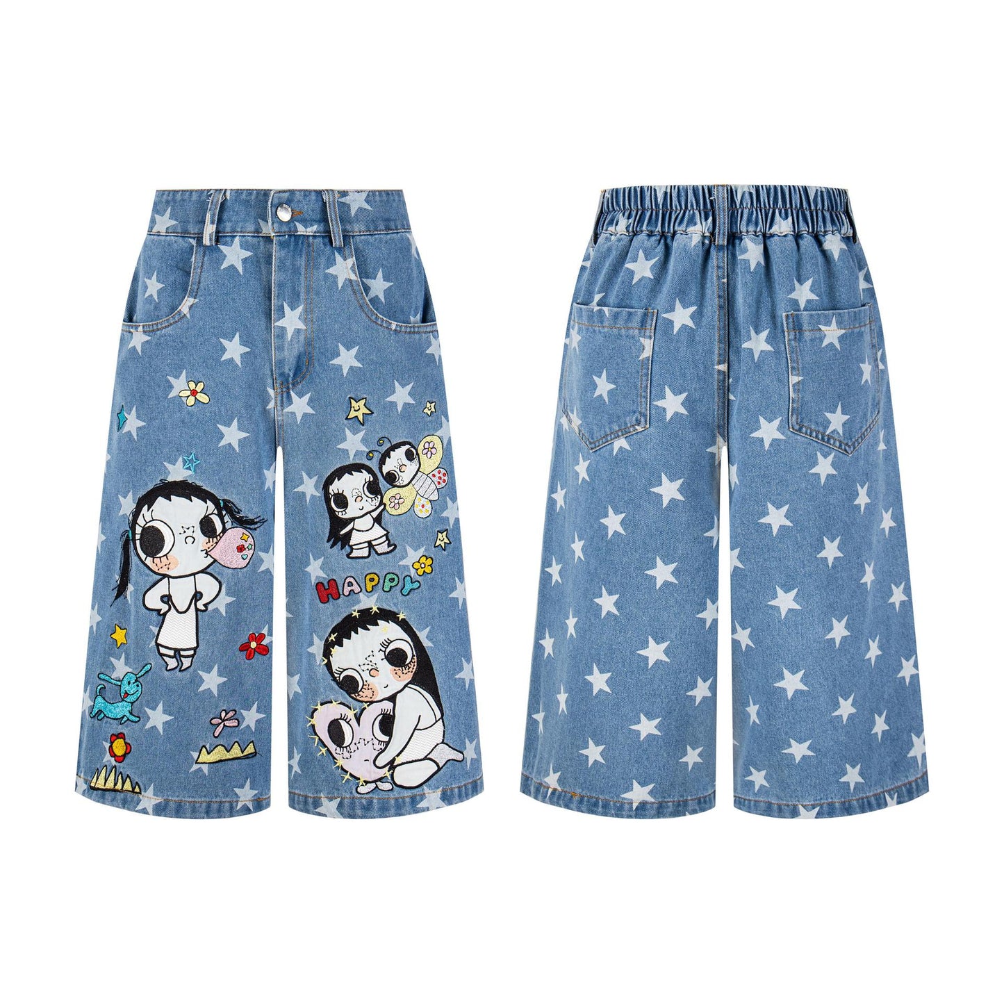 Full printed star girl with embroidered fabric and seven quarter jeans