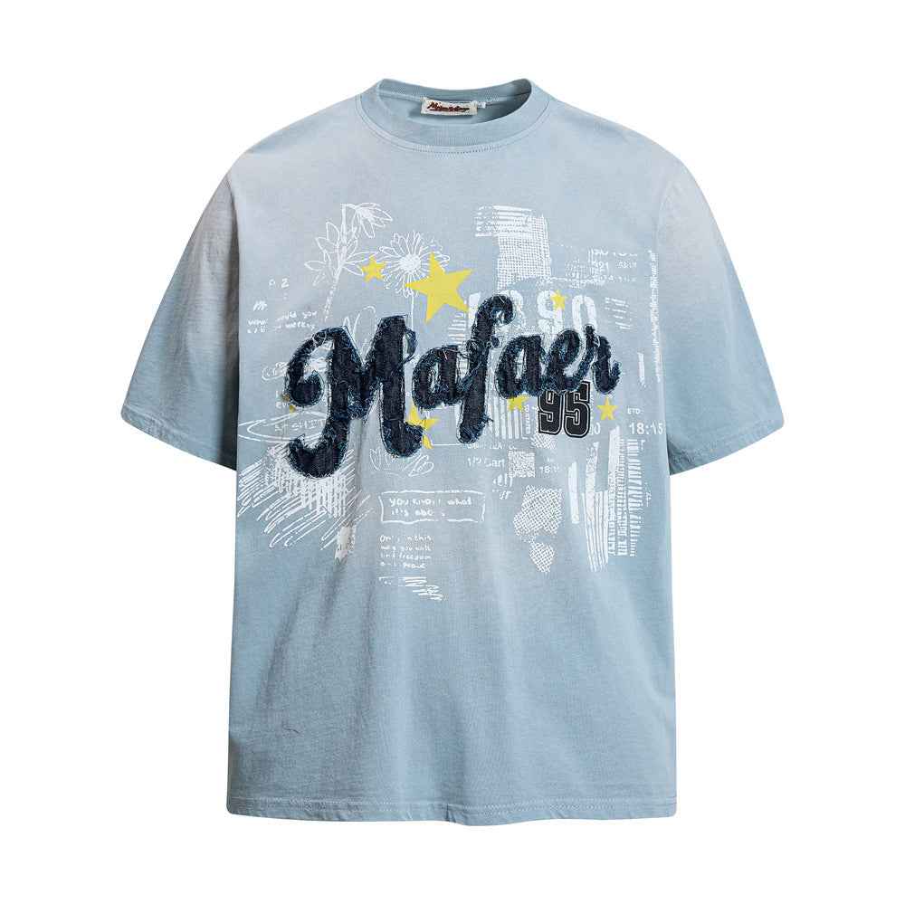 Alphabet patch embroidery gradient short sleeved shirt Blue