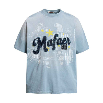 Alphabet patch embroidery gradient short sleeved shirt Blue
