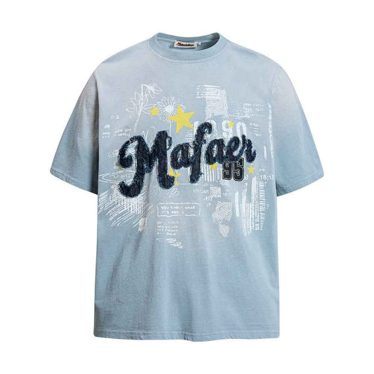 Alphabet patch embroidery gradient short sleeved shirt Blue