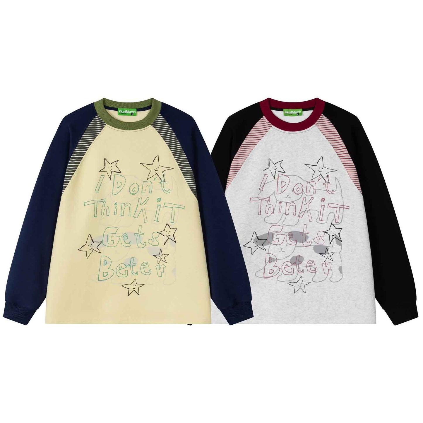 Hand drawn puppy striped patchwork long sleeved sweatshirt for men and women | MuddyStock Originals MuddyStock