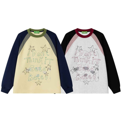 Hand drawn puppy striped patchwork long sleeved sweatshirt for men and women | MuddyStock Originals MuddyStock