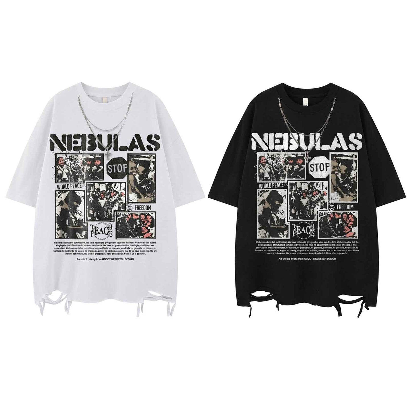 High Street Hem Distressed Necklace Decorated Design Short Sleeve T-Shirt For Men And Women | MuddyStock Originals MuddyStock