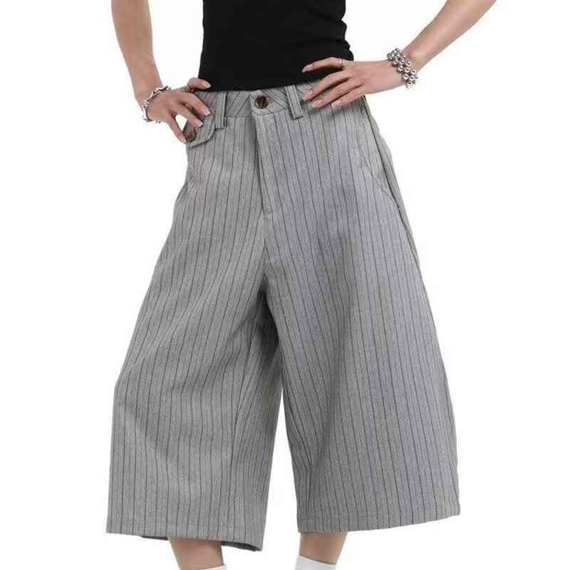 Gray Suit Shorts for Men, Retro Loose Casual Striped Seven-Quarter Pants