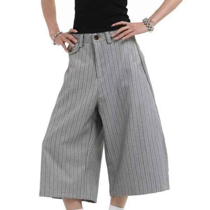 Gray Suit Shorts for Men, Retro Loose Casual Striped Seven-Quarter Pants