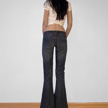 Street Style Faded Low Waist Skinny Flare Jeans Retro Slimming Hip-Lifting Casual Long Pants
