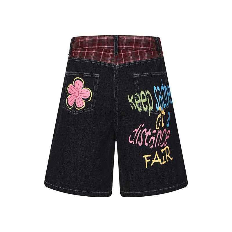 Flower letter graffiti printed denim shorts