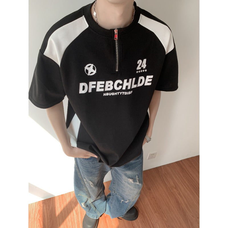 Printed half zipper round neck short sleeved T-shirt for men | MuddyStock Originals Black eprolo