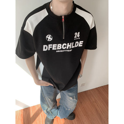 Printed half zipper round neck short sleeved T-shirt for men | MuddyStock Originals Black eprolo