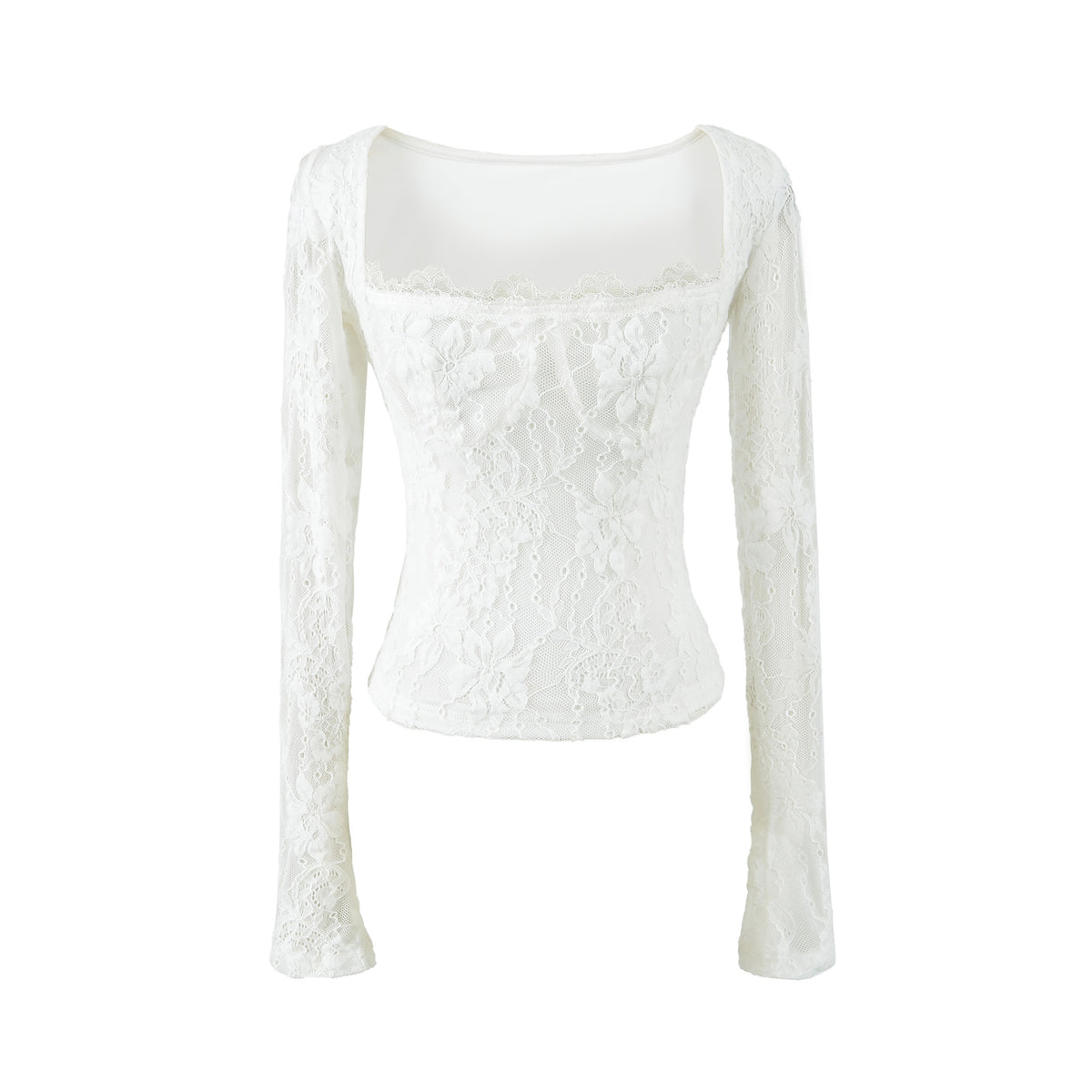 Double-Layer Embossed Long Sleeve Square Neck T-Shirt for Women White