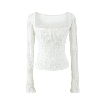 Double-Layer Embossed Long Sleeve Square Neck T-Shirt for Women White
