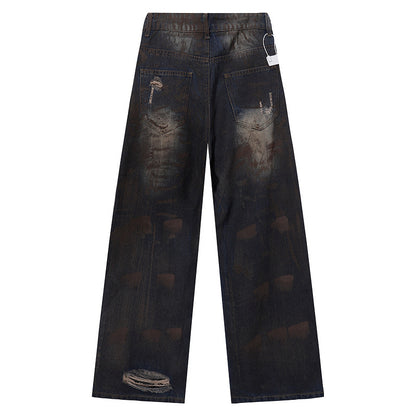 Washed Mud-Dyed Ripped Jeans Men's Loose Wide-Leg Pants