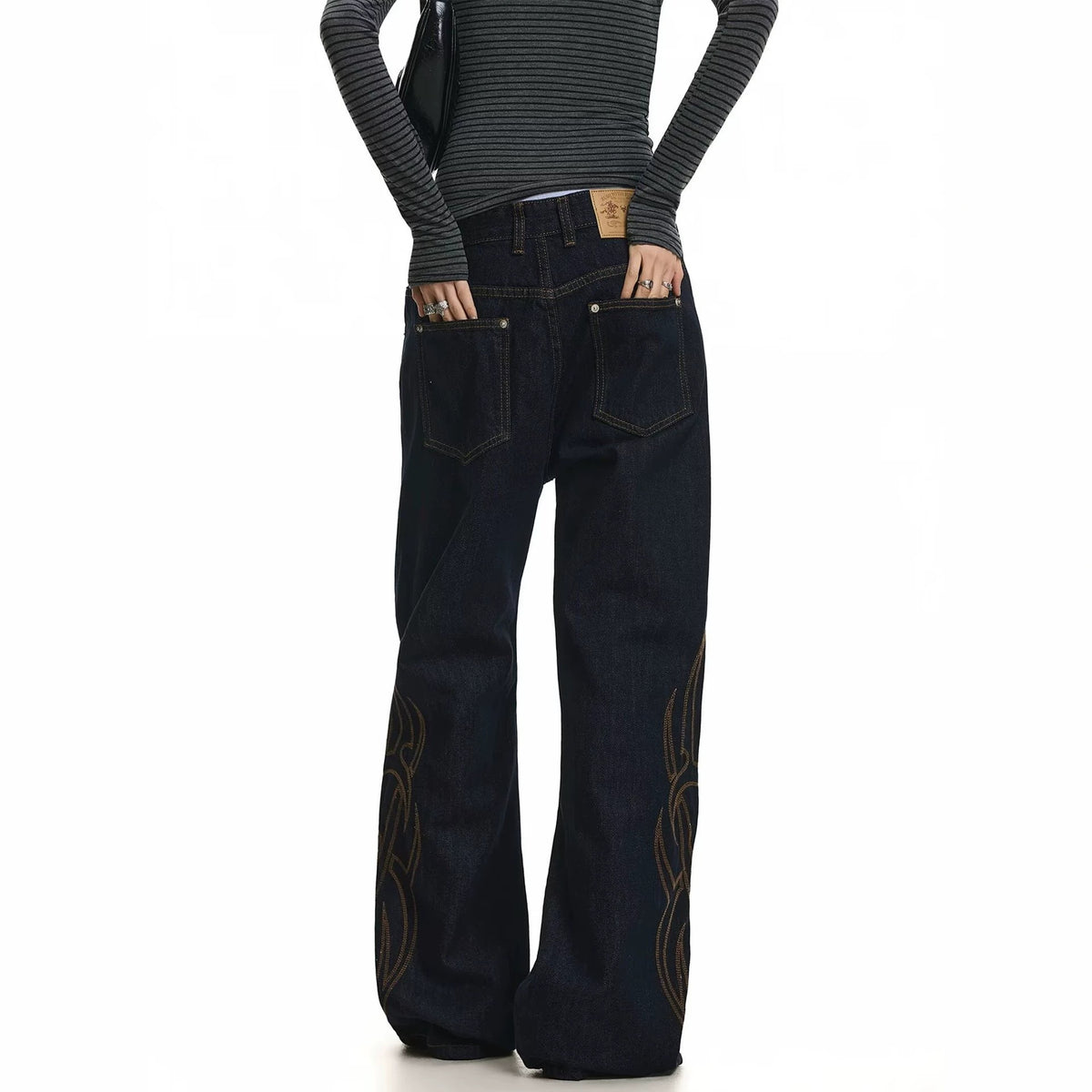 Vintage Tribal Embroidery Slim Fit Flared Denim High Waist Zipper Jeans