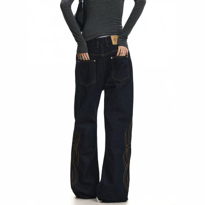 Vintage Tribal Embroidery Slim Fit Flared Denim High Waist Zipper Jeans