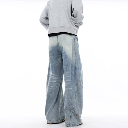 Wrinkle splicing lightning pattern washed white jeans