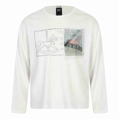Wooden Horse Stamp Print Loose Long Sleeve T-Shirt For Men | MuddyStock Originals White