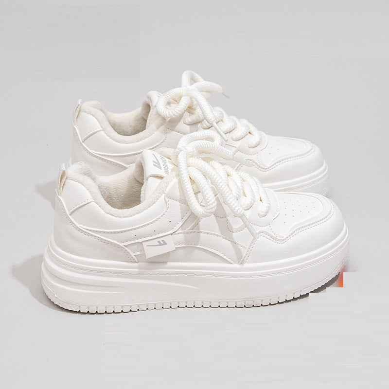 Splicing color blocking simple thick soled shoes for women Beige White (Fleece Lined)