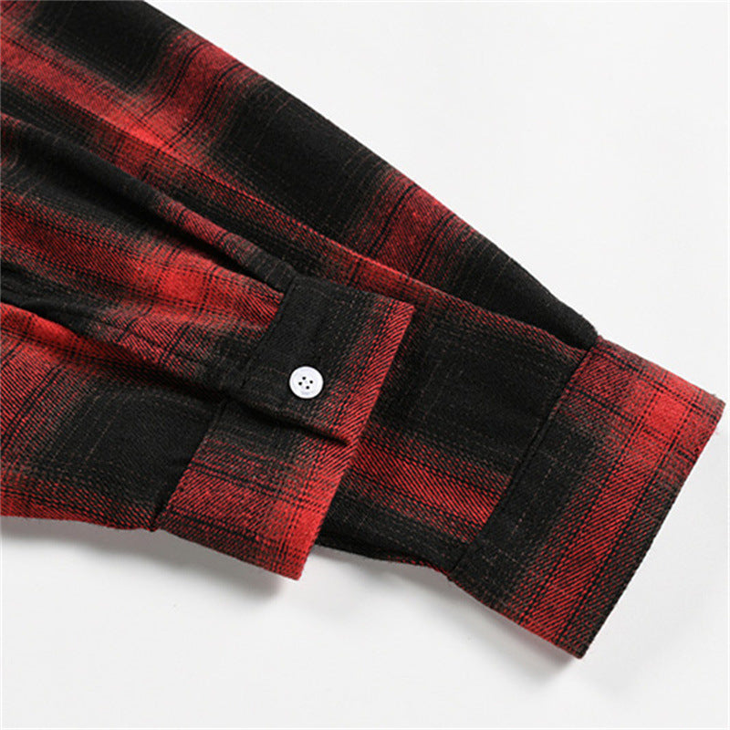 Oversized Plaid Long Sleeve Collared Shirt with Cross and Letter Print