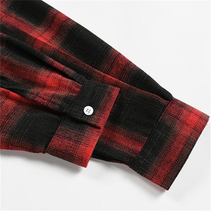 Oversized Plaid Long Sleeve Collared Shirt with Cross and Letter Print
