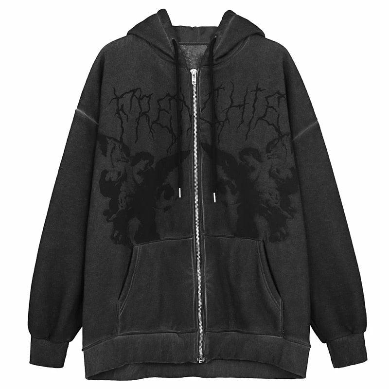Goth Angel Dark Print Zipper Hoodie for Women | MuddyStock Originals