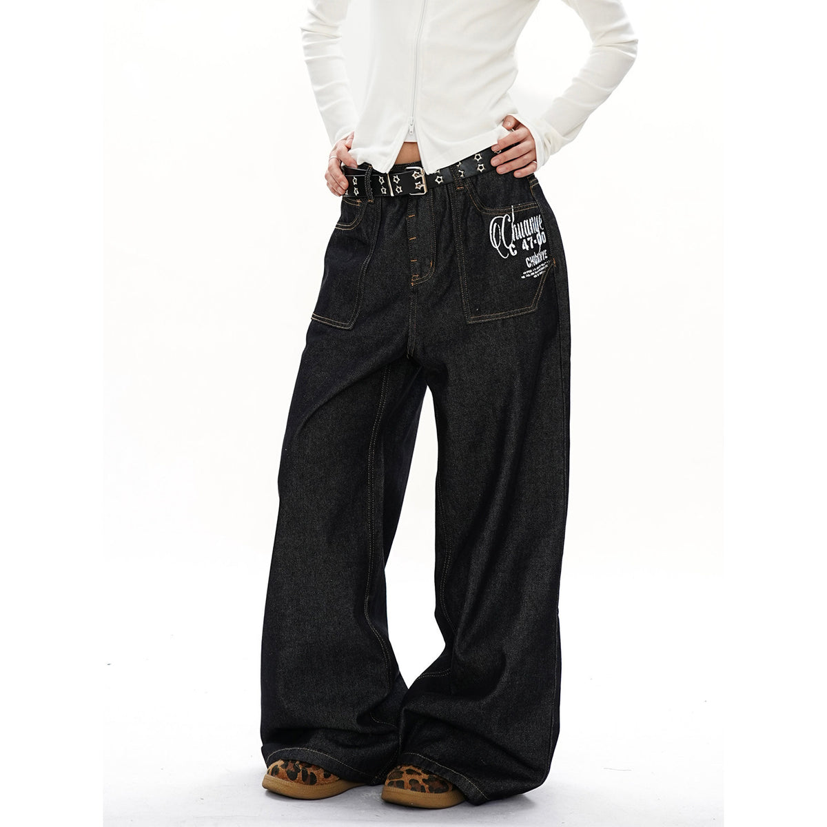 Straight Leg Wide Leg Jeans for Women, Solid Color Print,Street Retro Style, Casual Long Pants