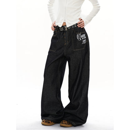 Straight Leg Wide Leg Jeans for Women, Solid Color Print,Street Retro Style, Casual Long Pants