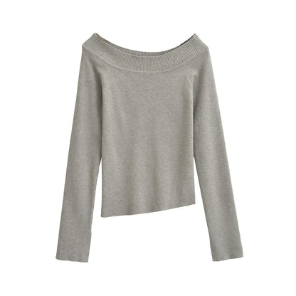 One line off shoulder slanted shoulder elastic slim fit top for women | MuddyStock Originals Gray