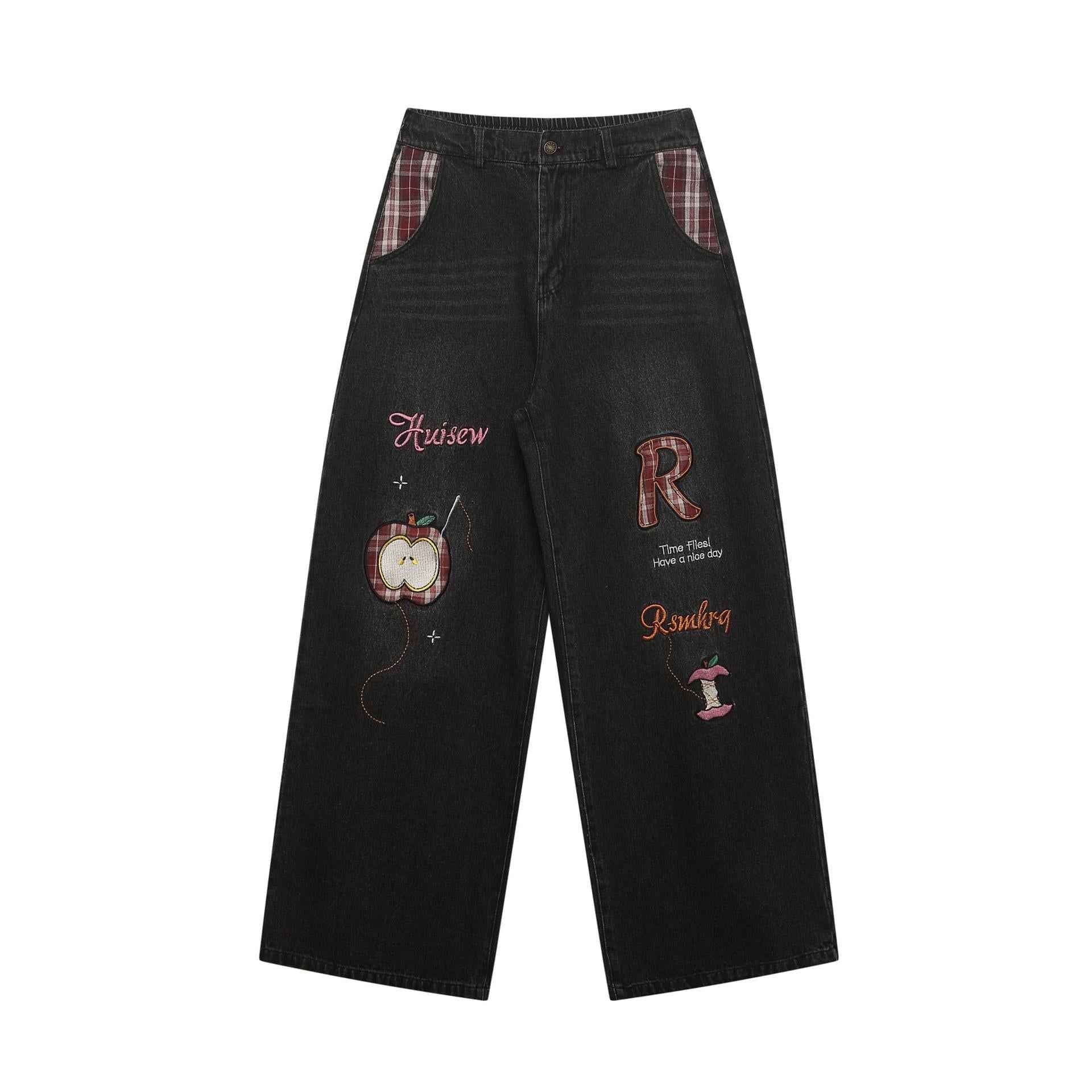 Retro plaid fun apple embroidered jeans for men and women | MuddyStock Originals Black MuddyStock
