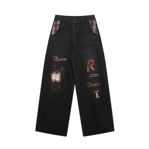 Retro plaid fun apple embroidered jeans for men and women | MuddyStock Originals Black