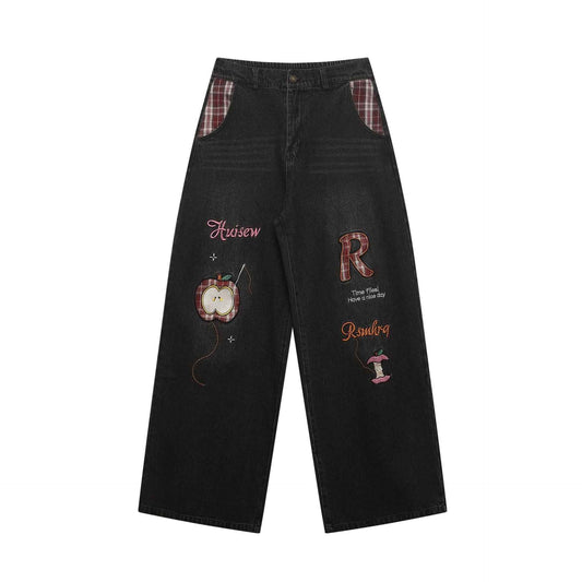 Retro plaid fun apple embroidered jeans for men and women | MuddyStock Originals Black MuddyStock