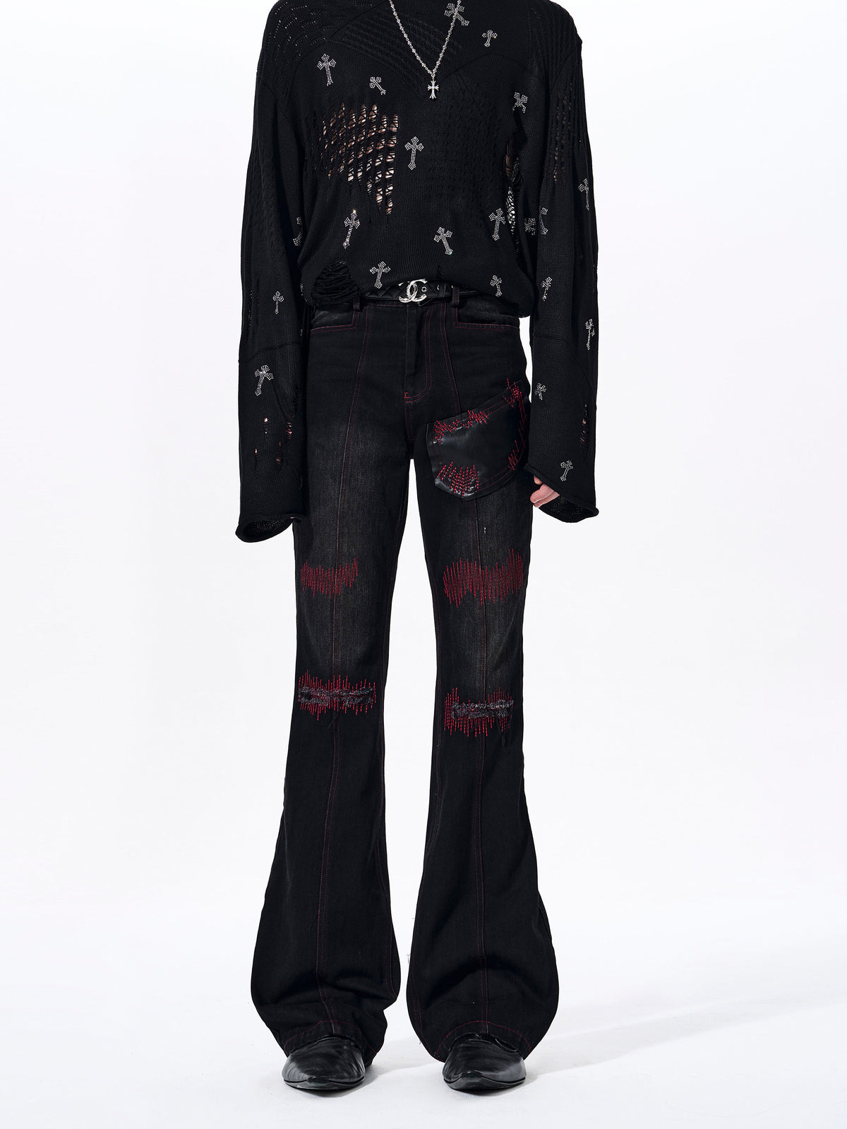 Flared Denim Men's Patchwork Straight-leg Pants