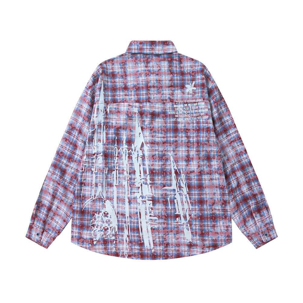 Distressed Washed Plaid Long-sleeved Shirt For Men And Women null
