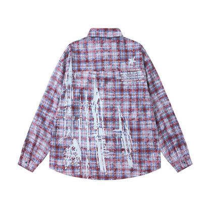 Distressed Washed Plaid Long-sleeved Shirt For Men And Women null