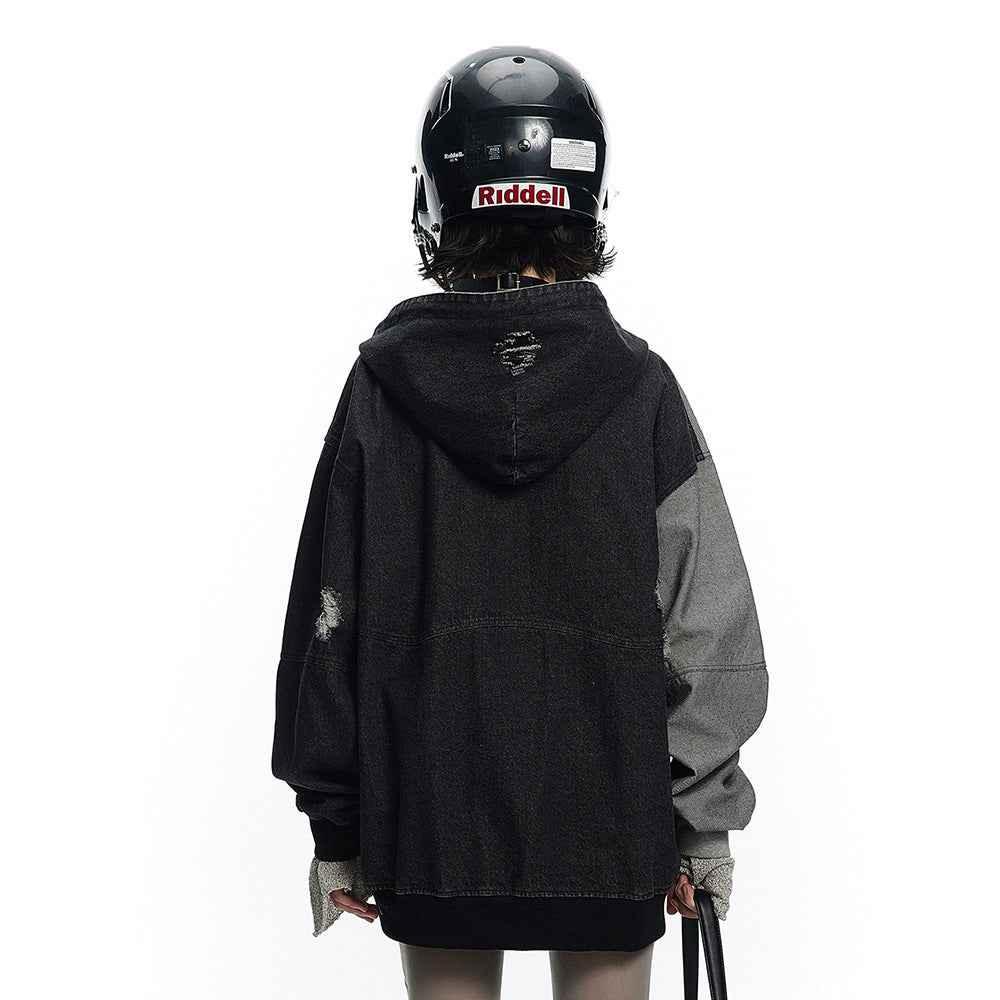 Irregular Stitching Hooded Denim Jacket For Women MuddyStock