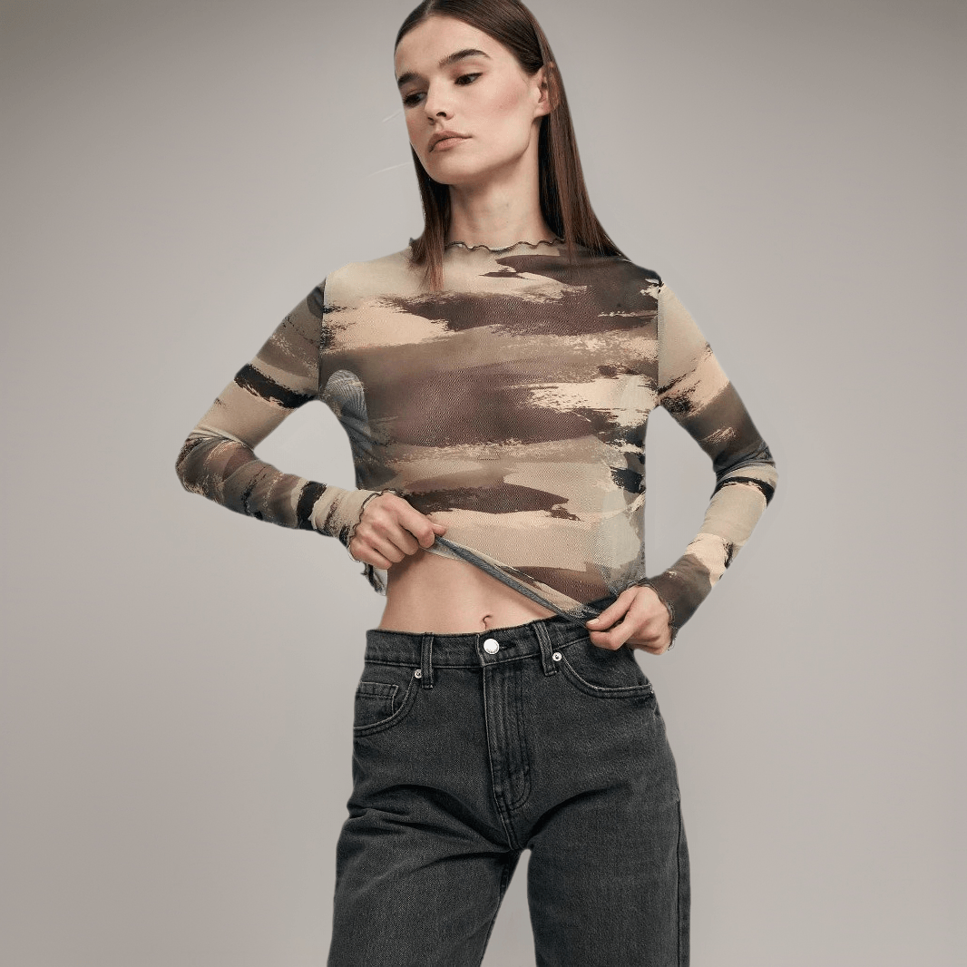 Women's Leopard-Print Mesh Printed Bodysuit T-Shirt Top
