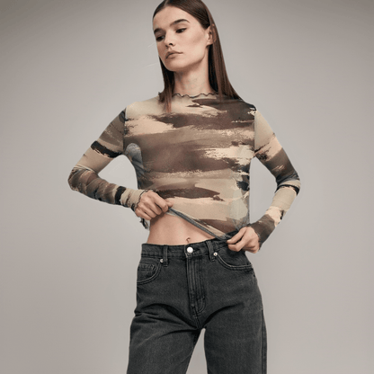 Women's Leopard-Print Mesh Printed Bodysuit T-Shirt Top