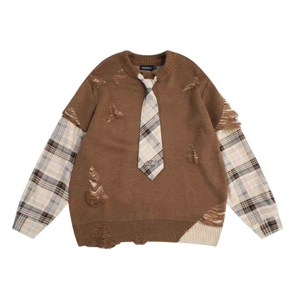 Stitching Fake Two-piece Round Neck Sweater For Men null