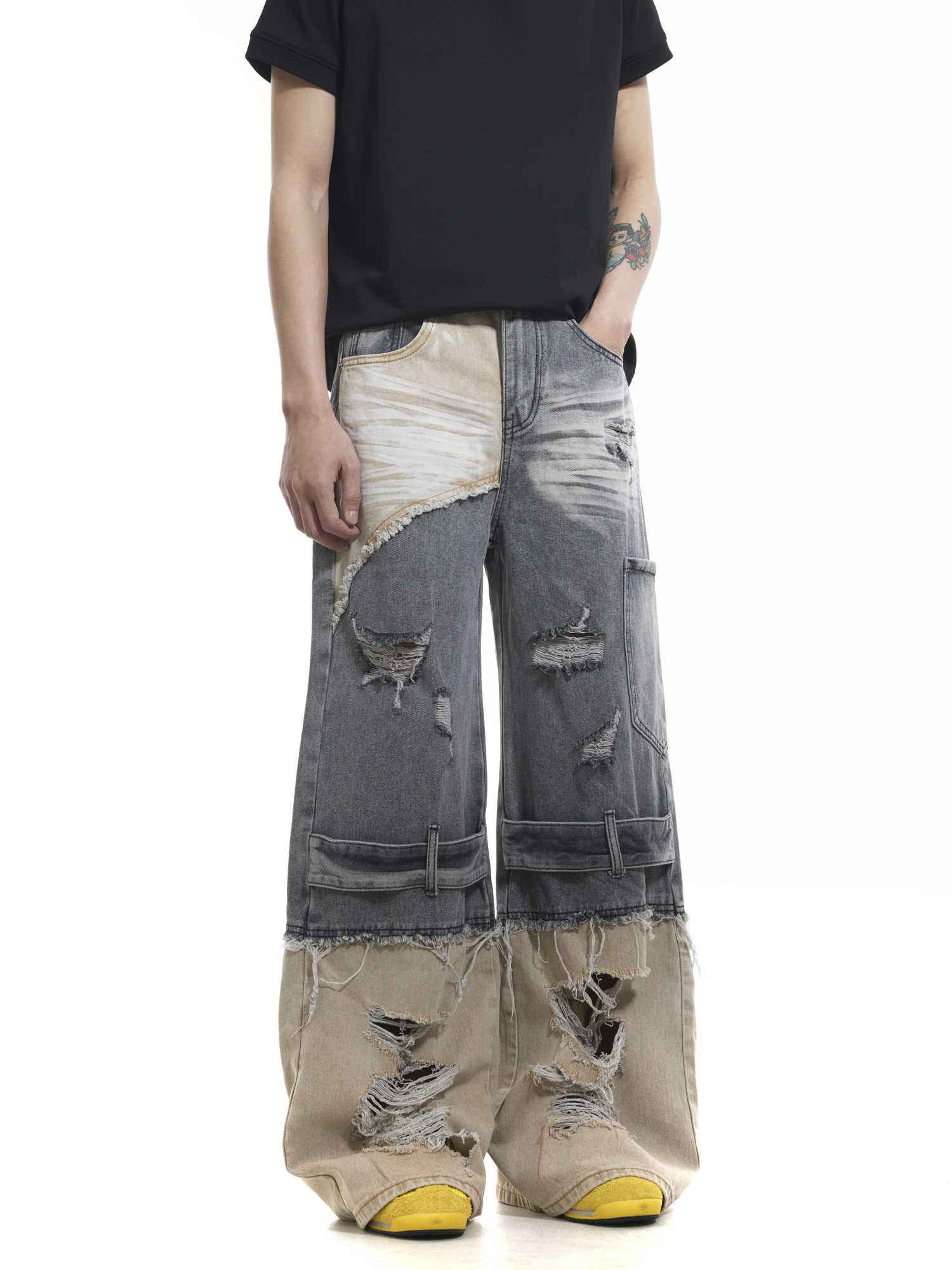 Niche Heavy Industry Washed Damaged Stitching Skinny Jeans MuddyStock