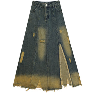 High Waist Mid-length Make Old Ripped Split Denim Skirt For Women Denim Blue All Products