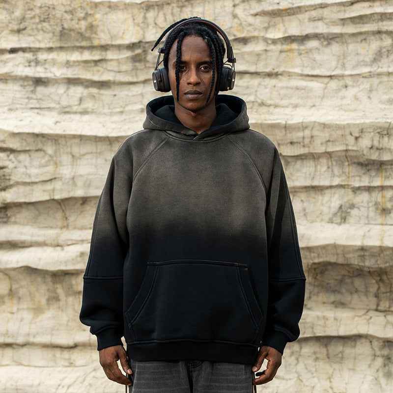 Gradient Two Colors Distressed Hooded Sweater For Men MuddyStock