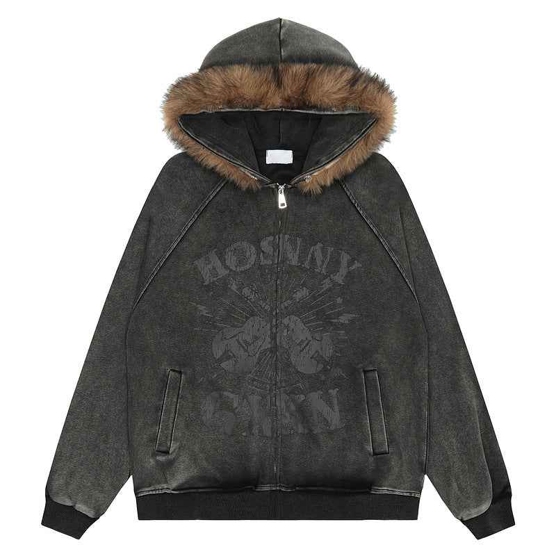 Fur Collar Hood Sweater For Men And Women Dark Gray MuddyStock