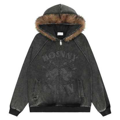 Fur Collar Hood Sweater For Men And Women Dark Gray MuddyStock