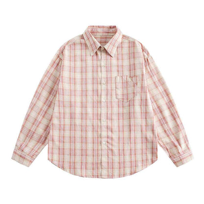 Irregular Pocket Loose Plaid Shirt For Women Pink null