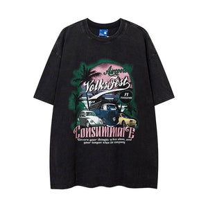 Fashion Oil Painting Cartoon Short Sleeve T-shirt For Men And Women Black